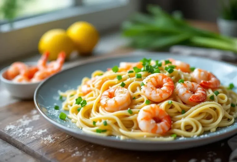 Linguine aux poireaux, sauce crème ultra onctueuse et crevettes gourmandes