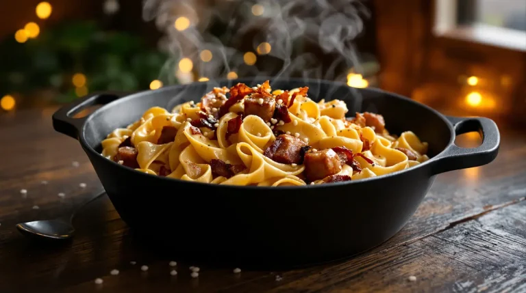 Pappardelles à l’épaule de porc picnic fumée, cheddar vieilli et crème aux poivres roses